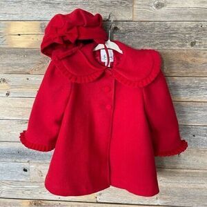 *Vintage* Jo Lene Red Wool Coat With Matching Bow-Hat Toddler Size 18M